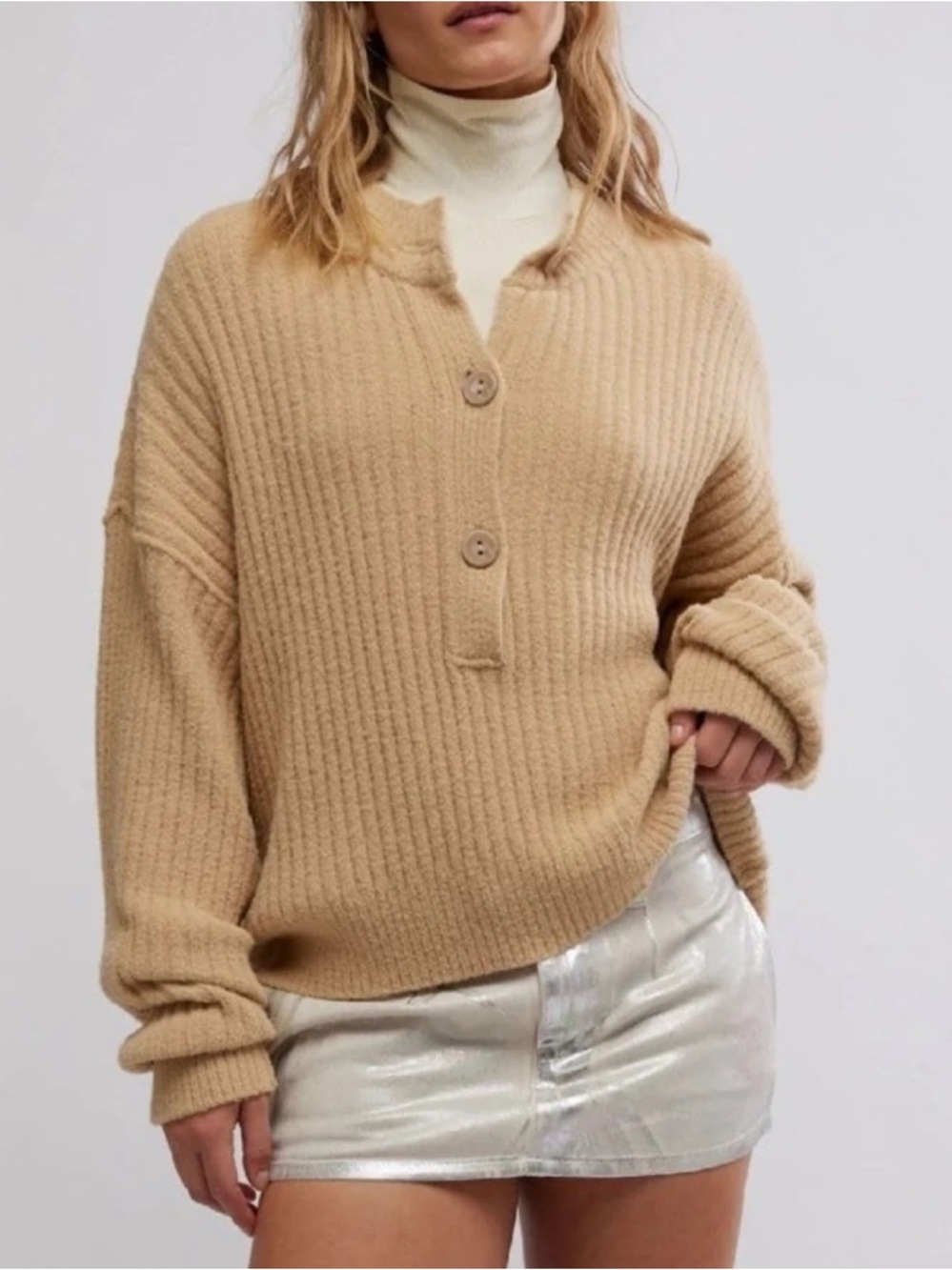 Free People Cocoa Ribbed Henley Button Sweater in Sugar Cookie